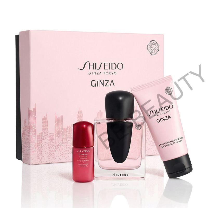 Shiseido Ginza darčekový set EDP 50 ml + telové mlieko 50 ml + pleťové sérum Ultimune Power Infusing Concentrate 10 ml