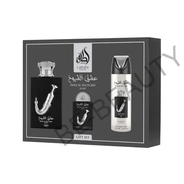 Lattafa Pride Ishq Al Shuyukh Silver EDP 100 ml + Lattafa Pride Ishq Al Shuyukh Silver EDP 20 ml + deodorant s parfumáciou 200 ml